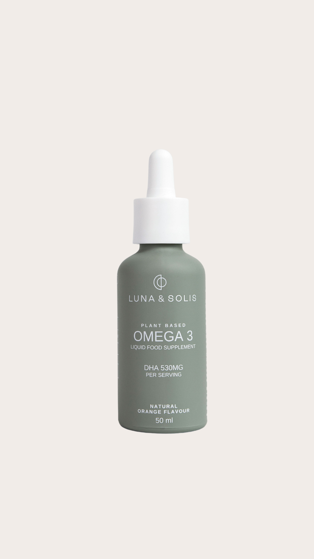 Lunar & solis plant based omega 3 liquid drops with white pipette lid and sage green bottle.